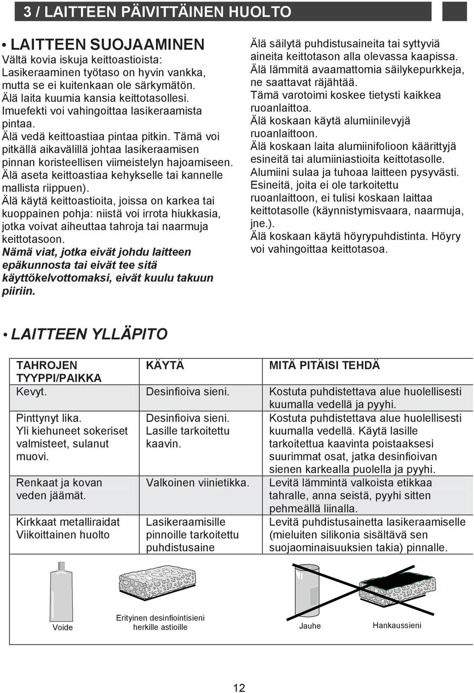 Tämä voi pitkällä aikavälillä johtaa lasikeraamisen pinnan koristeellisen viimeistelyn hajoamiseen. Älä aseta keittoastiaa kehykselle tai kannelle mallista riippuen).