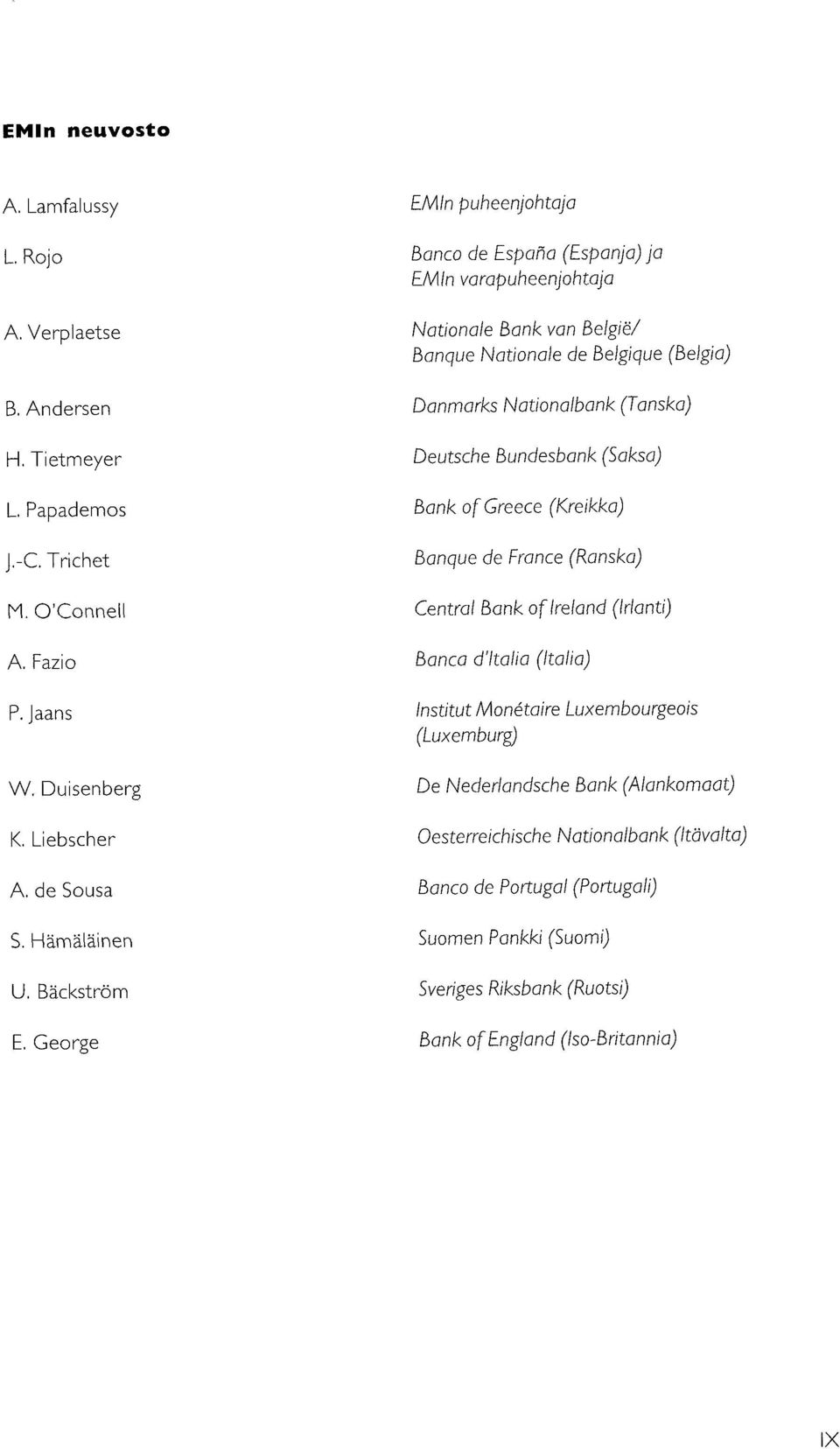 George EMln puheenjohtaja Banco de Espana (Espanja) ja EMln varapuheenjohtaja Nationale Bank Van Belgie/ Banque Nationale de Belgique (Belgia) Danmarks Nationalbank (Tanska) Deutsche