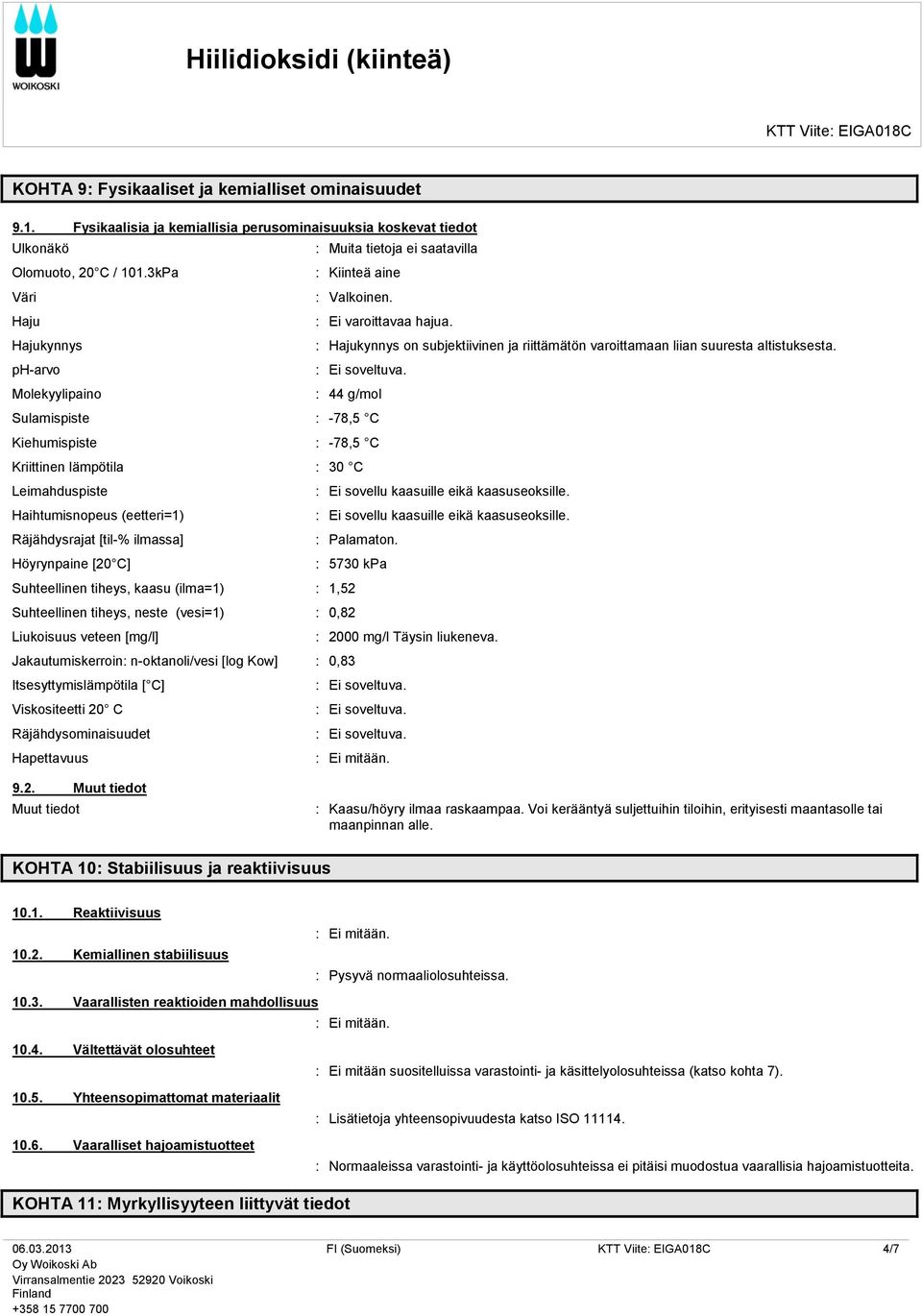 ph-arvo Molekyylipaino : 44 g/mol Sulamispiste : -78,5 C Kiehumispiste : -78,5 C Kriittinen lämpötila : 30 C Leimahduspiste : Ei sovellu kaasuille eikä kaasuseoksille.