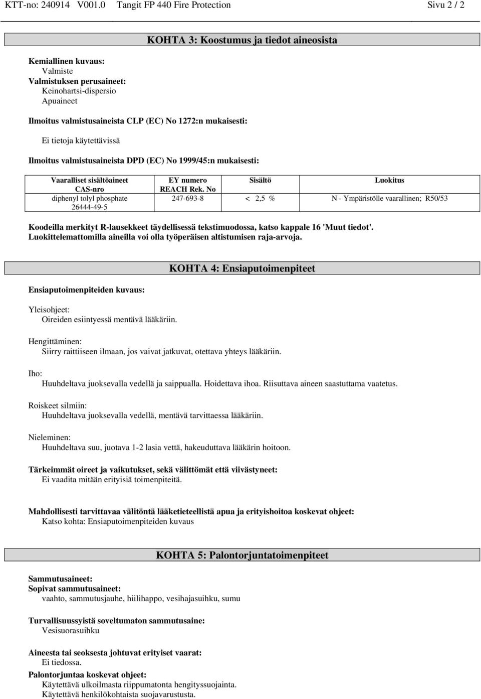 CLP (EC) No 1272:n mukaisesti: Ei tietoja käytettävissä Ilmoitus valmistusaineista DPD (EC) No 1999/45:n mukaisesti: EY numero Sisältö Luokitus REACH Rek.