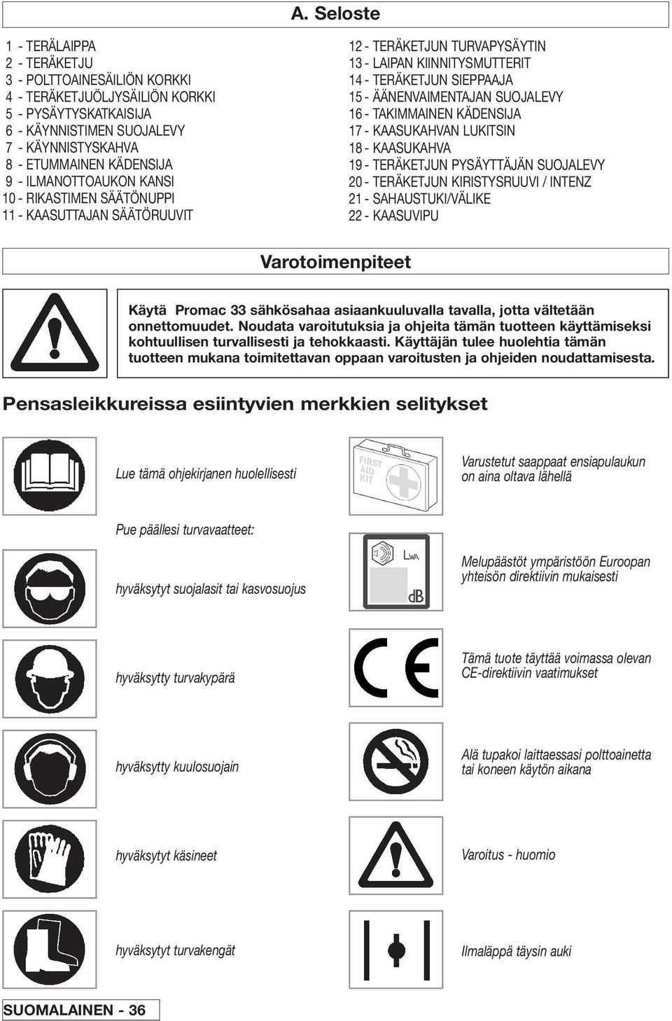 TAKIMMAINEN KÄDENSIJA 17 - KAASUKAHVAN LUKITSIN 18 - KAASUKAHVA 19 - TERÄKETJUN PYSÄYTTÄJÄN SUOJALEVY 20 - TERÄKETJUN KIRISTYSRUUVI / INTENZ 21 - SAHAUSTUKI/VÄLIKE 22 - KAASUVIPU Varotoimenpiteet