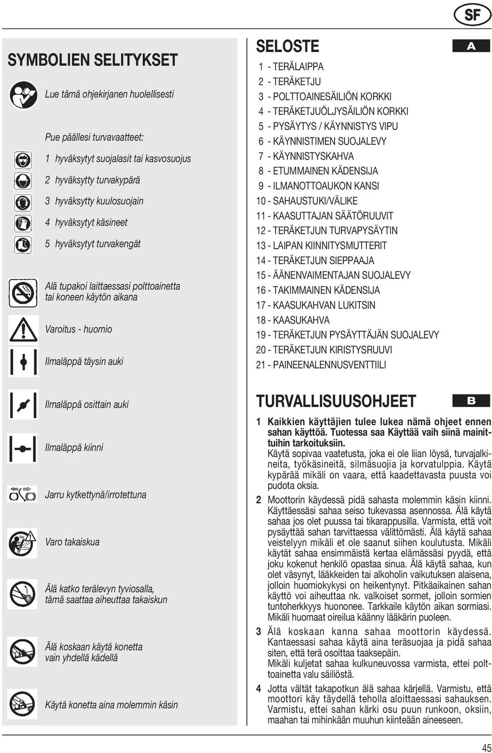 TERÄKETJUÖLJYSÄILIÖN KORKKI 5 - PYSÄYTYS / KÄYNNISTYS VIPU 6 - KÄYNNISTIMEN SUOJALEVY 7 - KÄYNNISTYSKAHVA 8 - ETUMMAINEN KÄDENSIJA 9 - ILMANOTTOAUKON KANSI 10 - SAHAUSTUKI/VÄLIKE 11 - KAASUTTAJAN
