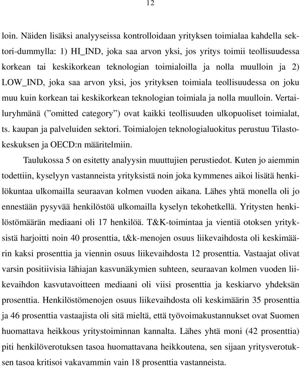 toimialoilla ja nolla muulloin ja 2) LOW_IND, joka saa arvon yksi, jos yrityksen toimiala teollisuudessa on joku muu kuin korkean tai keskikorkean teknologian toimiala ja nolla muulloin.