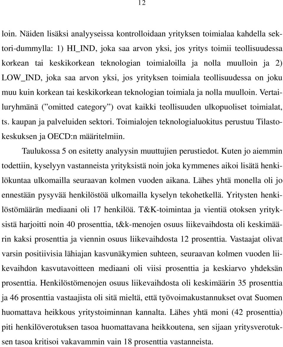 toimialoilla ja nolla muulloin ja 2) LOW_IND, joka saa arvon yksi, jos yrityksen toimiala teollisuudessa on joku muu kuin korkean tai keskikorkean teknologian toimiala ja nolla muulloin.