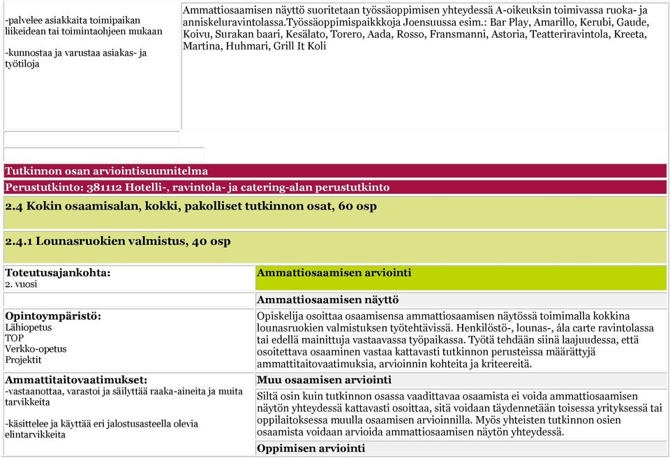 : Bar Play, Amarillo, Kerubi, Gaude, Koivu, Surakan baari, Kesälato, Torero, Aada, Rosso, Fransmanni, Astoria, Teatteriravintola, Kreeta, Martina, Huhmari, Grill It Koli Tutkinnon osan