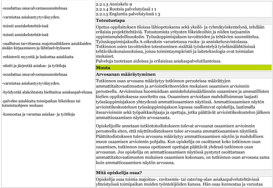 -siistii ja järjestää asiakas- ja työtiloja  -hyödyntää alakohtaista kielitaitoa asiakaspalvelussa -palvelee asiakkaita toimipaikan liikeidean tai toimintaohjeen mukaan -kunnostaa ja varustaa