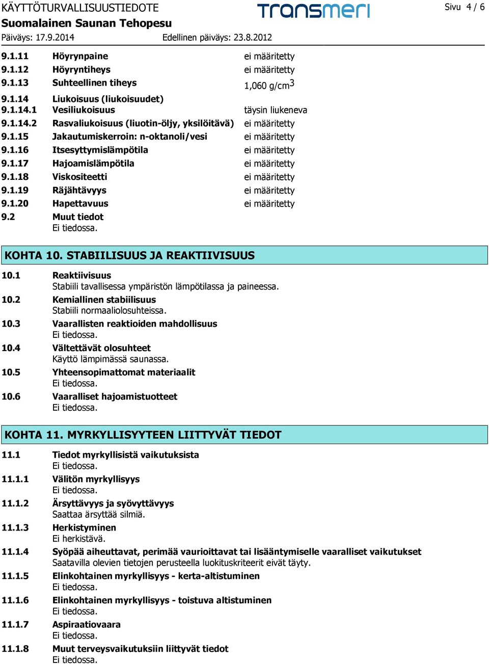 1.18 Viskositeetti ei määritetty 9.1.19 Räjähtävyys ei määritetty 9.1.20 Hapettavuus ei määritetty 9.2 Muut tiedot KOHTA 10. STABIILISUUS JA REAKTIIVISUUS 10.