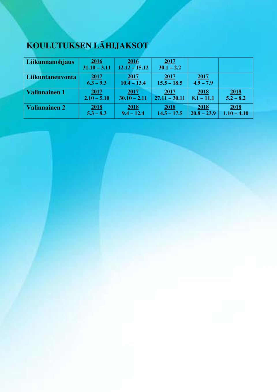 9 7.9 Valinnainen 1 2.10 5.10 30.10 2.11 27.11 30.11 8.1 11.1 5.
