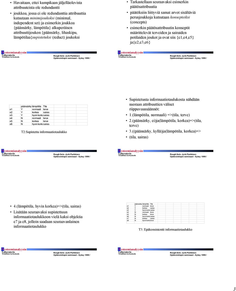 arvot sisältäviä perusjoukkoja kutsutaan konsepteiksi (concepts) esimerkin päätösattribuutin konseptit määrittelevät terveiden ja sairaiden potilaiden joukot ja ovat siis {e1,e4,e5} ja{e2,e3,e6}