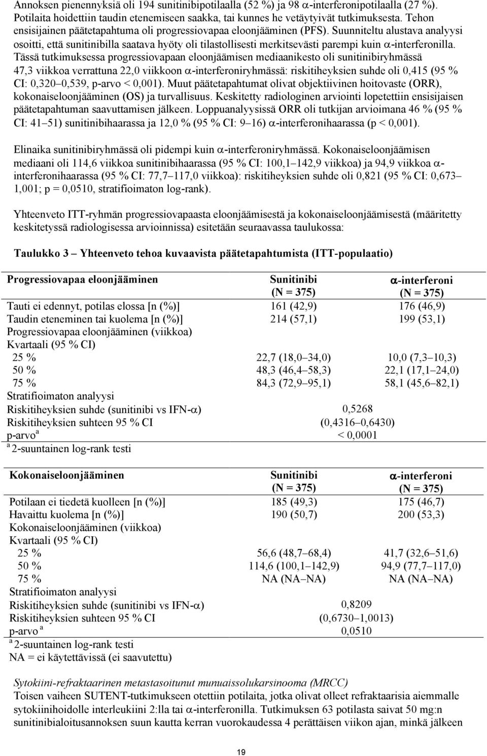 Suunniteltu alustava analyysi osoitti, että sunitinibilla saatava hyöty oli tilastollisesti merkitsevästi parempi kuin -interferonilla.