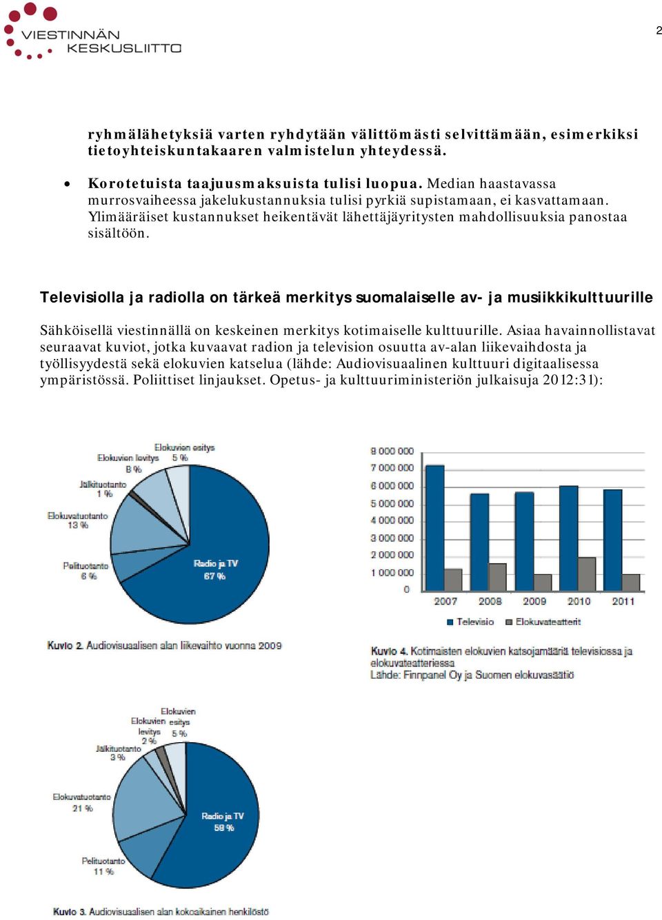 Televisiolla ja radiolla on tärkeä merkitys suomalaiselle av- ja musiikkikulttuurille Sähköisellä viestinnällä on keskeinen merkitys kotimaiselle kulttuurille.