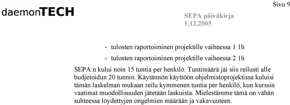 Käytännön käyttöön ohjelmistoprojektissa kuluisi tämän laskelman mukaan reilu kymmenen tuntia per henkilö, kun