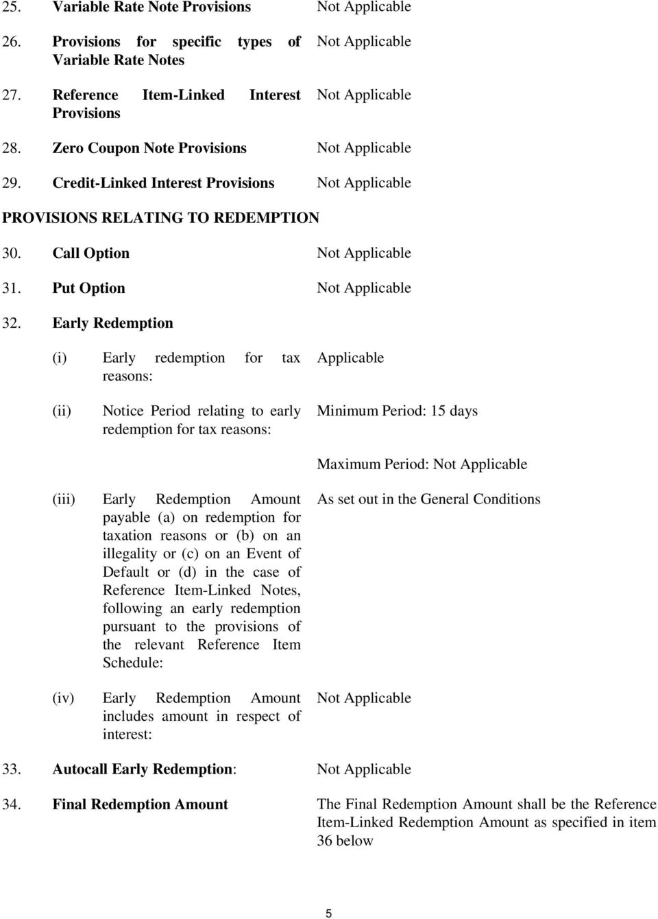 Early Redemption (i) Early redemption for tax reasons: Applicable (ii) Notice Period relating to early redemption for tax reasons: Minimum Period: 15 days Maximum Period: Not Applicable (iii) Early