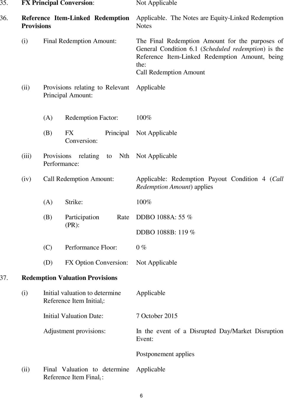 1 (Scheduled redemption) is the Reference Item-Linked Redemption Amount, being the: Call Redemption Amount (ii) Provisions relating to Relevant Principal Amount: Applicable (A) Redemption Factor: