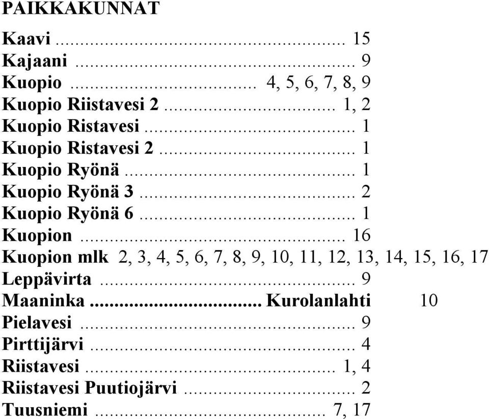 .. 1 Kuopion... 16 Kuopion mlk 2, 3, 4, 5, 6, 7, 8, 9, 10, 11, 12, 13, 14, 15, 16, 17 Leppävirta.