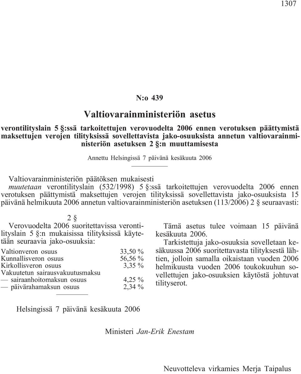 tarkoitettujen verovuodelta 2006 ennen verotuksen päättymistä maksettujen verojen tilityksissä sovellettavista jako-osuuksista 15 päivänä helmikuuta 2006 annetun valtiovarainministeriön asetuksen