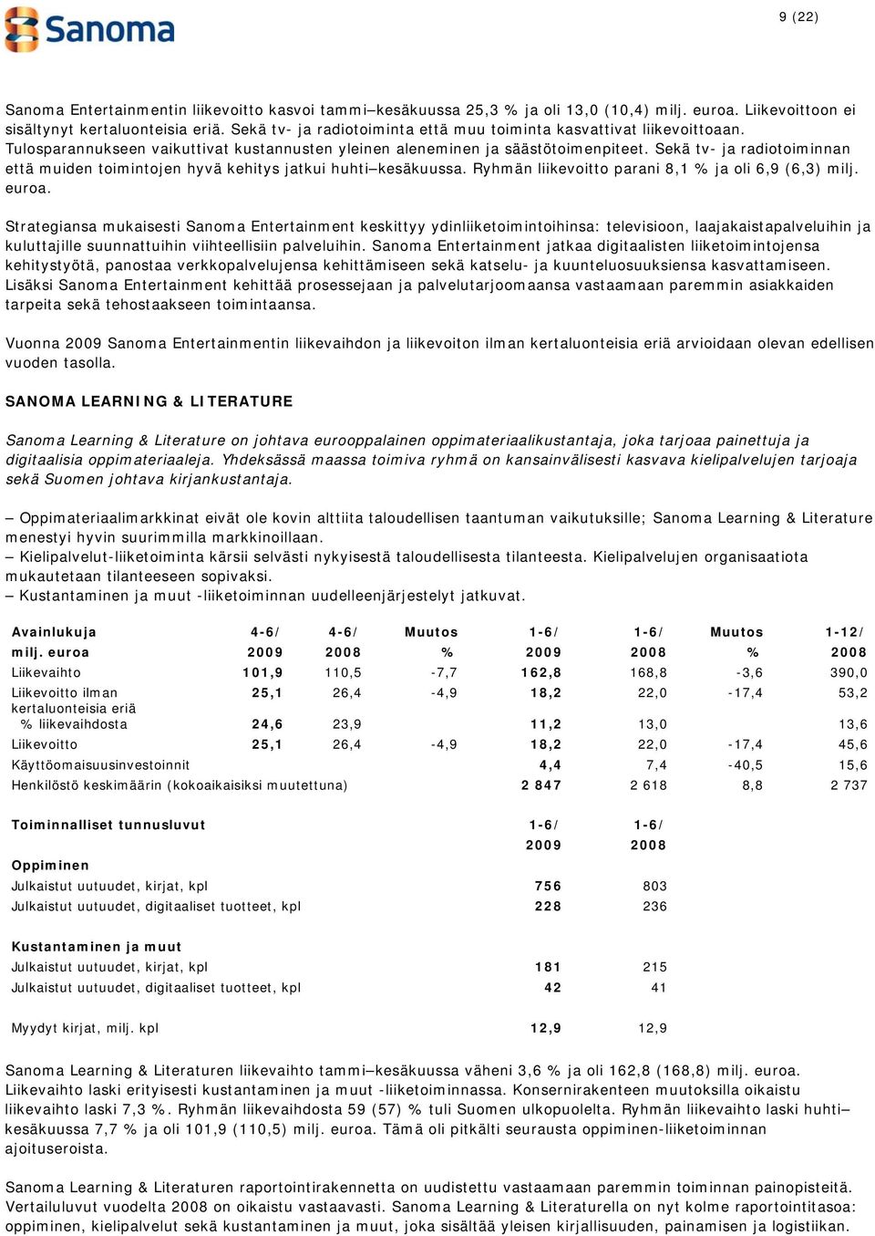 Sekä tv- ja radiotoiminnan että muiden toimintojen hyvä kehitys jatkui huhti kesäkuussa. Ryhmän liikevoitto parani 8,1 % ja oli 6,9 (6,3) milj. euroa.