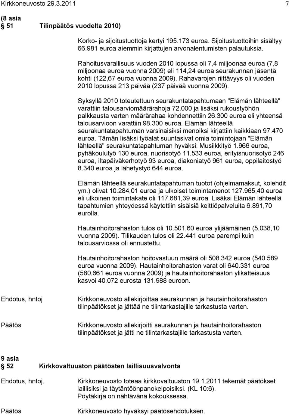 Rahoitusvarallisuus vuoden 2010 lopussa oli 7,4 miljoonaa euroa (7,8 miljoonaa euroa vuonna 2009) eli 114,24 euroa seurakunnan jäsentä kohti (122,67 euroa vuonna 2009).