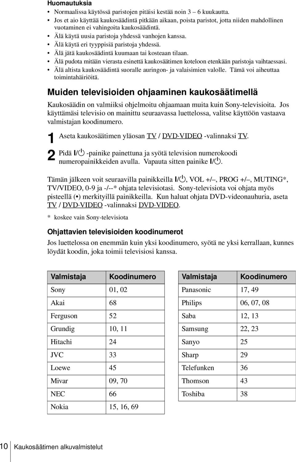 Älä käytä eri tyyppisiä paristoja yhdessä. Älä jätä kaukosäädintä kuumaan tai kosteaan tilaan. Älä pudota mitään vierasta esinettä kaukosäätimen koteloon etenkään paristoja vaihtaessasi.