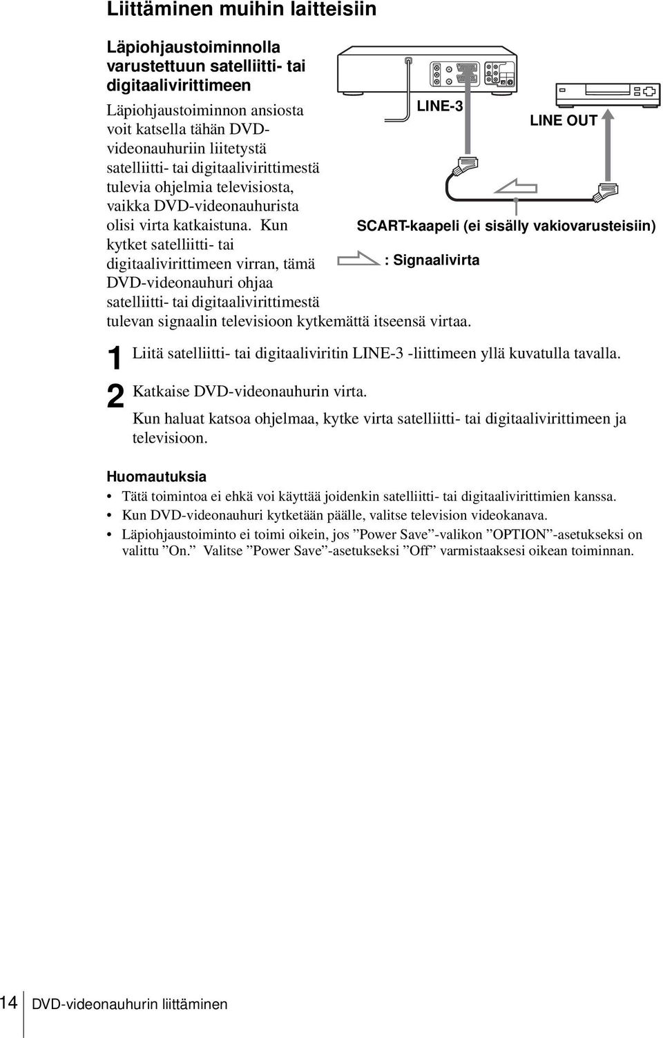 Kun SCART-kaapeli (ei sisälly vakiovarusteisiin) kytket satelliitti- tai digitaalivirittimeen virran, tämä : Signaalivirta DVD-videonauhuri ohjaa satelliitti- tai digitaalivirittimestä tulevan
