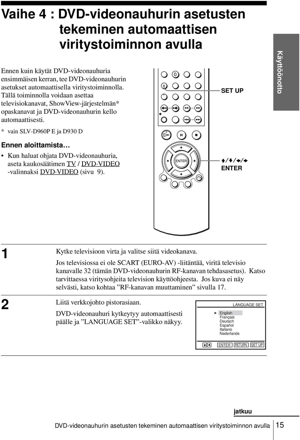 * vain SLV-D960P E ja D930 D Käyttöönotto Ennen aloittamista Kun haluat ohjata DVD-videonauhuria, aseta kaukosäätimen TV / DVD VIDEO -valinnaksi DVD VIDEO (sivu 9).