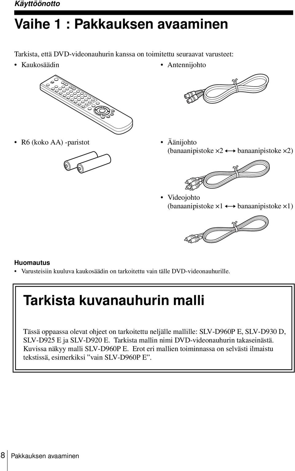 DVD-videonauhurille. Tarkista kuvanauhurin malli Tässä oppaassa olevat ohjeet on tarkoitettu neljälle mallille: SLV-D960P E, SLV-D930 D, SLV-D925 E ja SLV-D920 E.