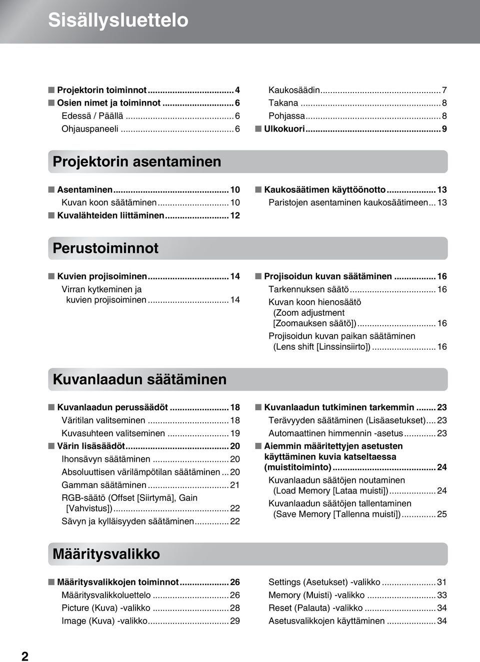 .. 13 Perustoiminnot Kuvien projisoiminen... 14 Virran kytkeminen ja kuvien projisoiminen... 14 Projisoidun kuvan säätäminen... 16 Tarkennuksen säätö.