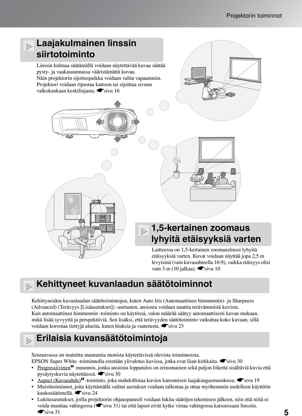 ssivu 16 1,5-kertainen zoomaus lyhyitä etäisyyksiä varten Laitteessa on 1,5-kertainen zoomauslinssi lyhyitä etäisyyksiä varten.