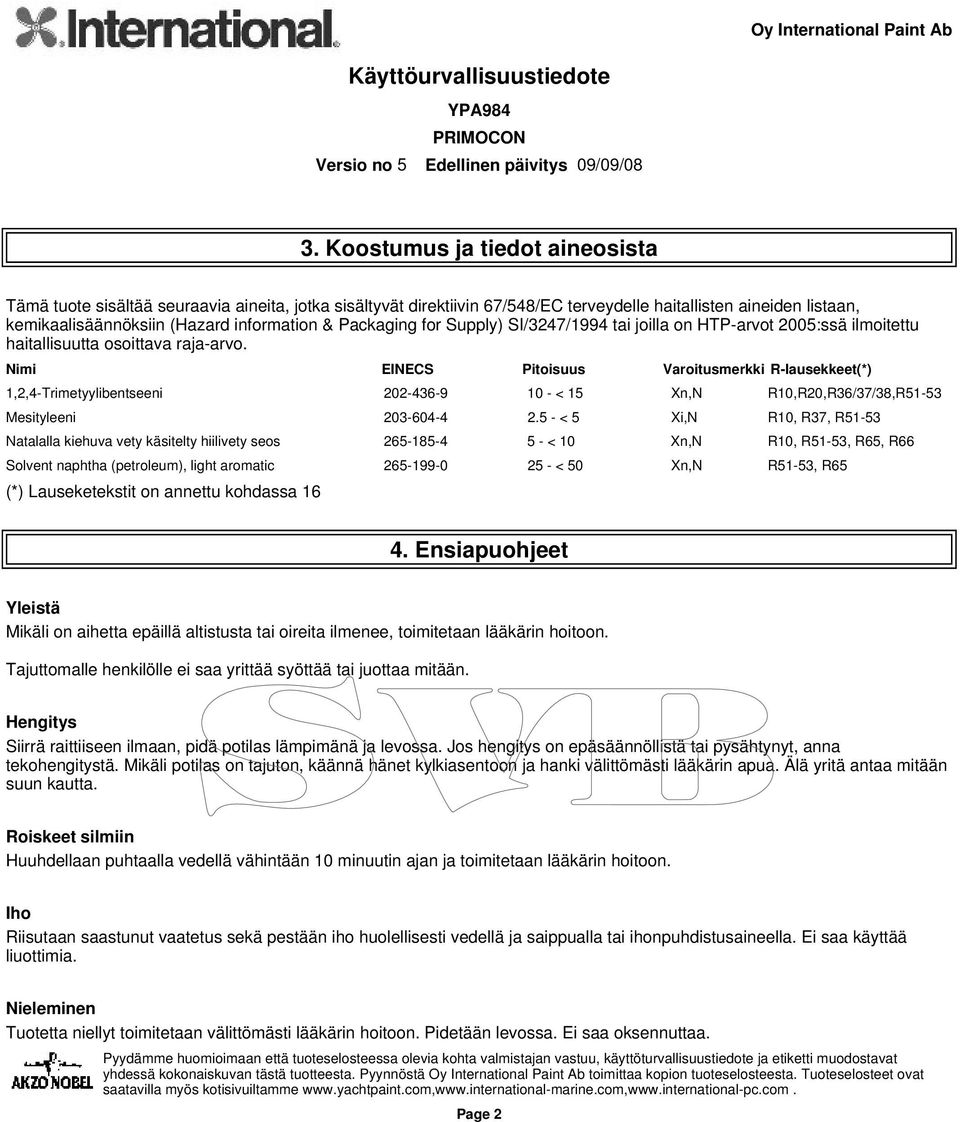 Nimi EINECS Pitoisuus Varoitusmerkki R-lausekkeet(*) 1,2,4-Trimetyylibentseeni 202-436-9 10 - < 15 Xn,N R10,R20,R36/37/38,R51-53 Mesityleeni 203-604-4 2.