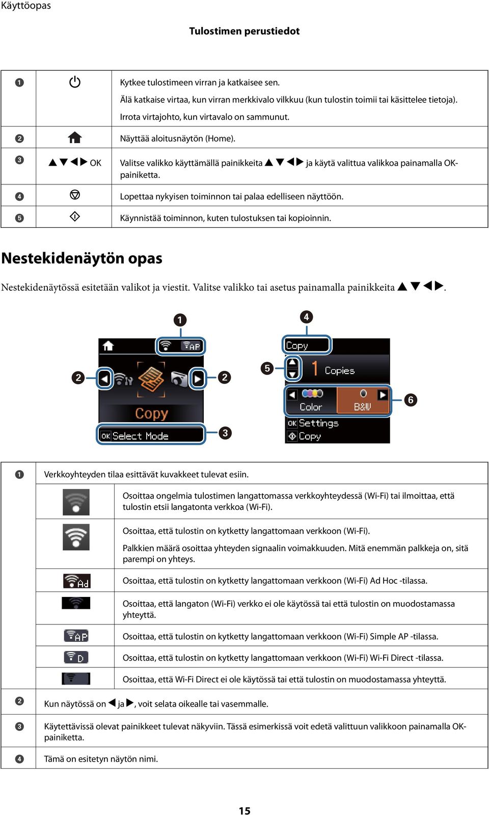 D E Lopettaa nykyisen toiminnon tai palaa edelliseen näyttöön. Käynnistää toiminnon, kuten tulostuksen tai kopioinnin. Nestekidenäytön opas Nestekidenäytössä esitetään valikot ja viestit.