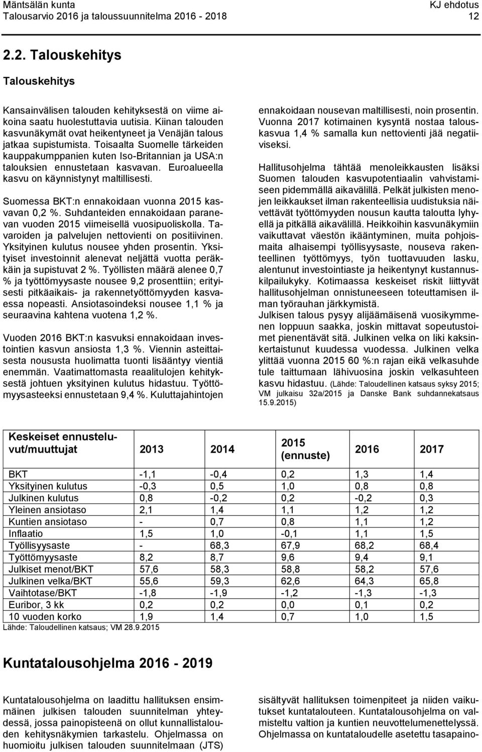 Euroalueella kasvu on käynnistynyt maltillisesti. Suomessa BKT:n ennakoidaan vuonna kasvavan 0,2 %. Suhdanteiden ennakoidaan paranevan vuoden viimeisellä vuosipuoliskolla.