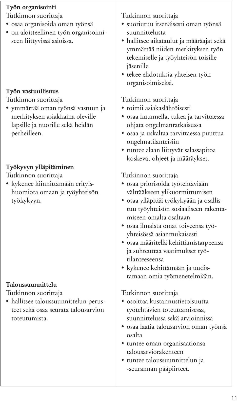 Työkyvyn ylläpitäminen kykenee kiinnittämään erityishuomiota omaan ja työyhteisön työkykyyn. Taloussuunnittelu hallitsee taloussuunnittelun perusteet sekä osaa seurata talousarvion toteutumista.