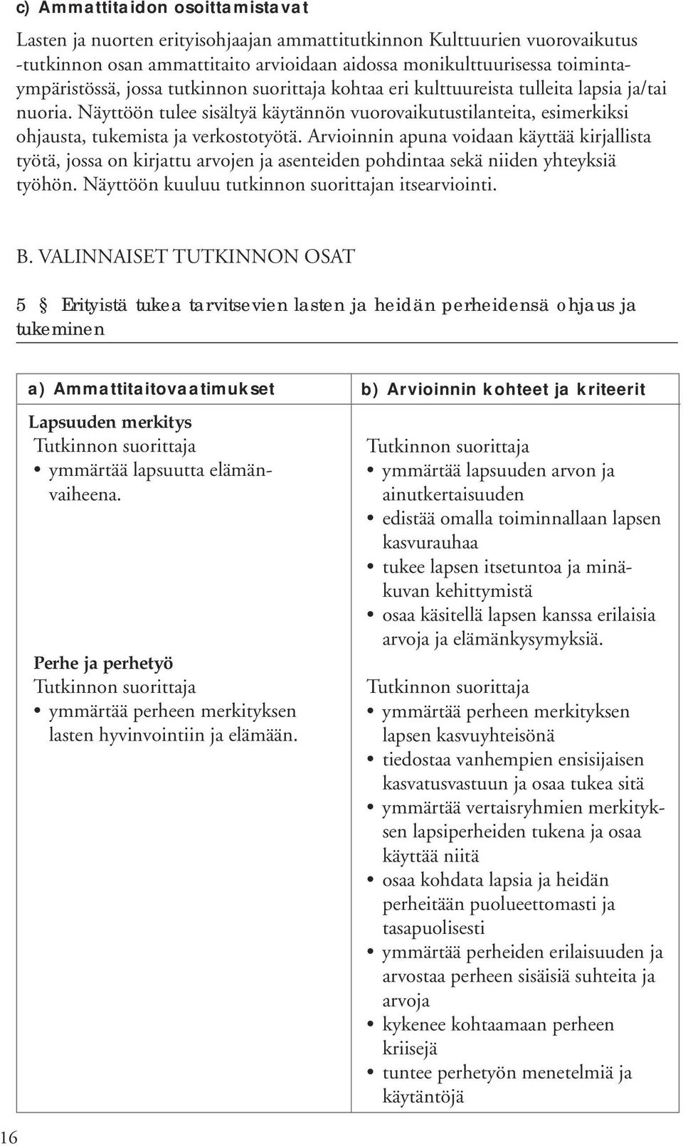 Arvioinnin apuna voidaan käyttää kirjallista työtä, jossa on kirjattu arvojen ja asenteiden pohdintaa sekä niiden yhteyksiä työhön. Näyttöön kuuluu tutkinnon suorittajan itsearviointi. B.