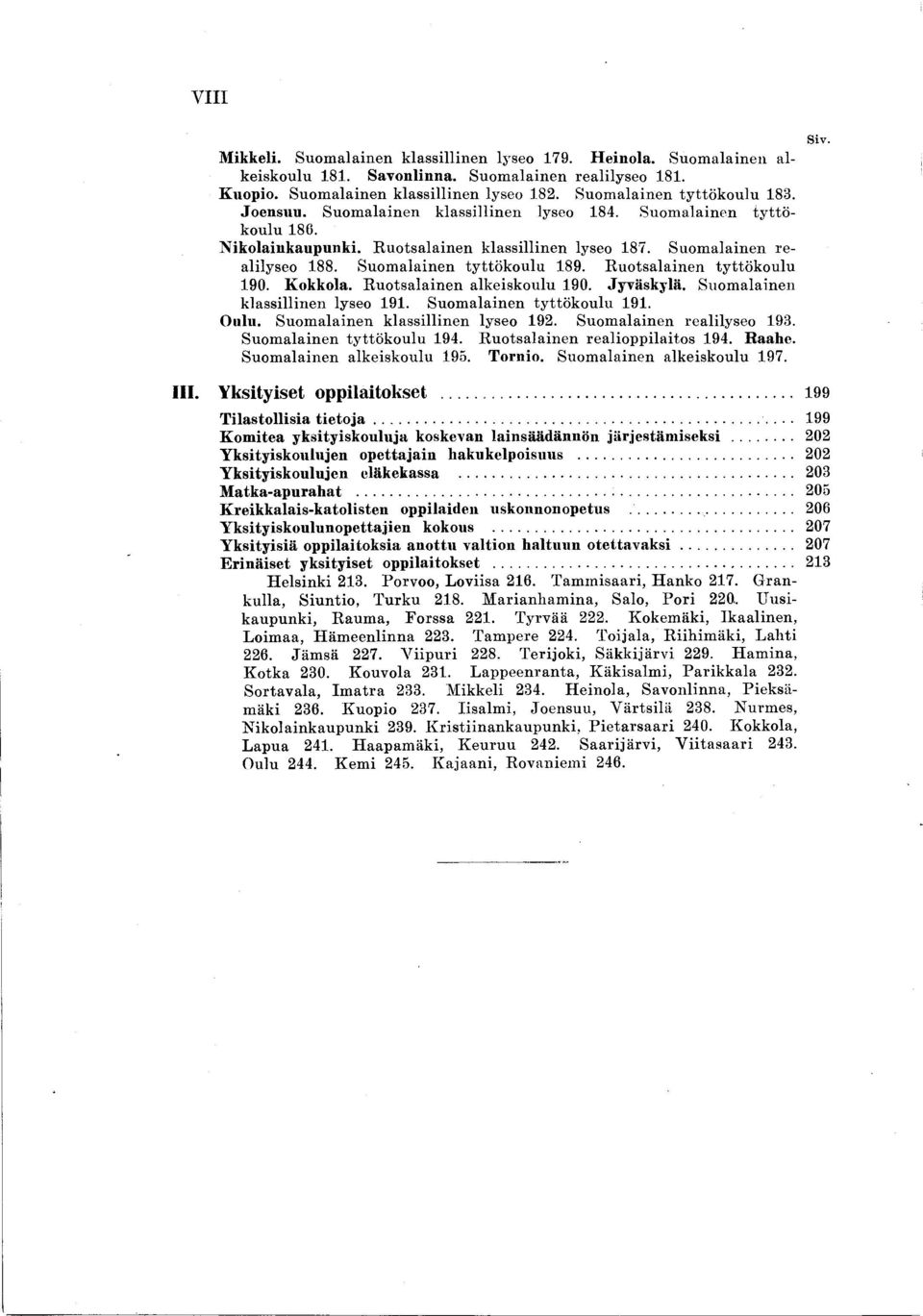 S uom alainen re alilyseo 188. S uom alainen ty ttö k o u lu 189. R u o tsalain en ty ttö k o u lu 190. Kokkola. R u o tsalain en alkeiskoulu 190. Jyväskylä. S uom alainen klassillinen lyseo 191.