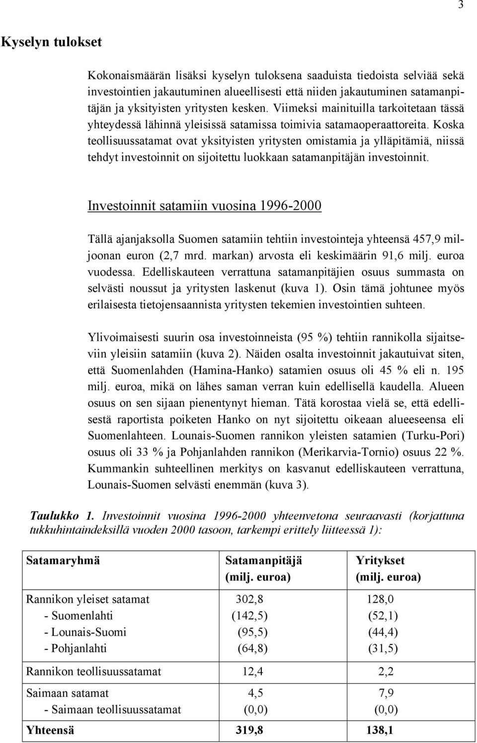 Koska teollisuussatamat ovat yksityisten yritysten omistamia ja ylläpitämiä, niissä tehdyt investoinnit on sijoitettu luokkaan satamanpitäjän investoinnit.