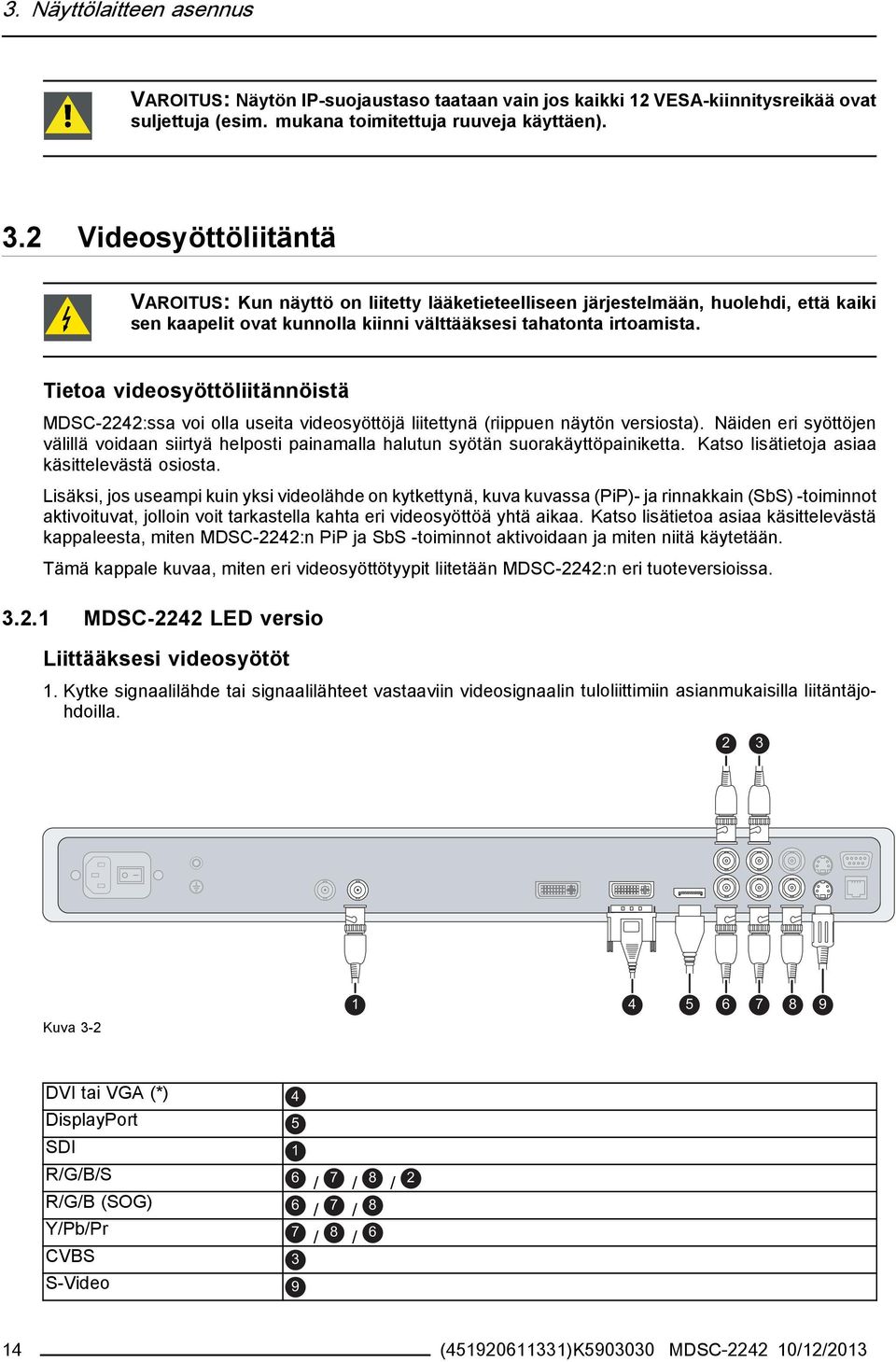 Tietoa videosyöttöliitännöistä MDSC-2242:ssa voi olla useita videosyöttöjä liitettynä (riippuen näytön versiosta).