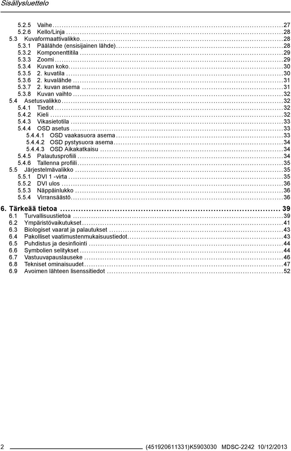 ..33 5.4.4.2 OSD pystysuora asema...34 5.4.4.3 OSD Aikakatkaisu...34 5.4.5 Palautusprofiili...34 5.4.6 Tallenna profiili...35 5.5 Järjestelmävalikko...35 5.5.1 DVI 1 -virta...35 5.5.2 DVI ulos...36 5.