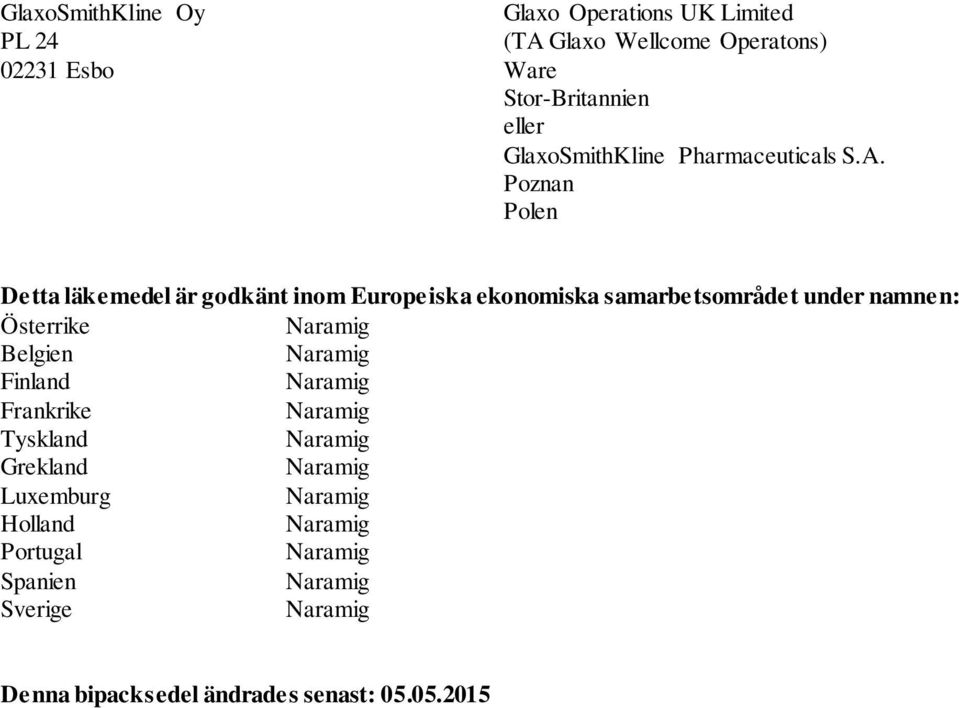Poznan Polen Detta läkemedel är godkänt inom Europeiska ekonomiska samarbetsområdet under namnen: