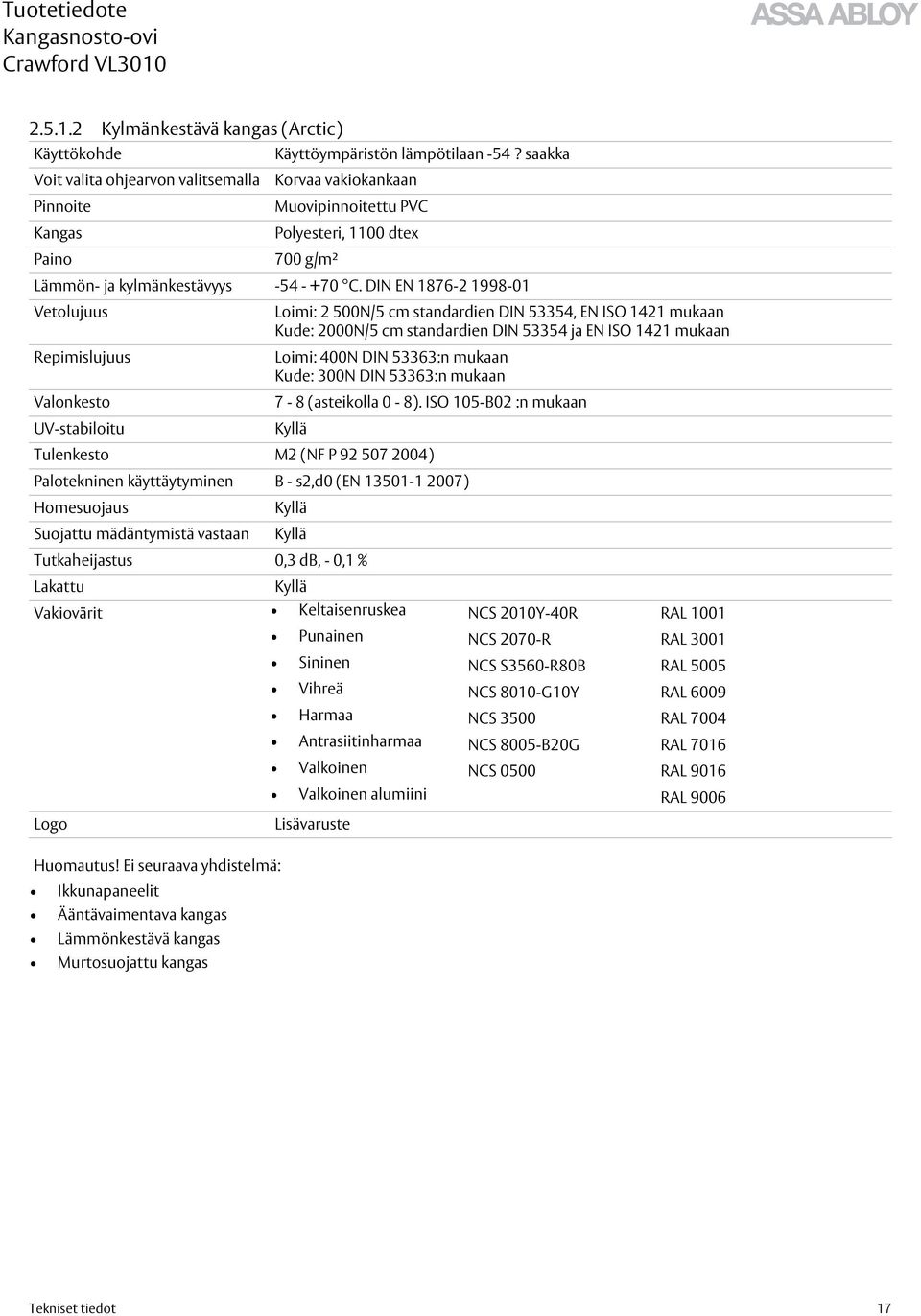 DIN EN 1876-2 1998-01 Vetolujuus Loimi: 2 500N/5 cm standardien DIN 53354, EN ISO 1421 mukaan Kude: 2000N/5 cm standardien DIN 53354 ja EN ISO 1421 mukaan Repimislujuus Loimi: 400N DIN 53363:n mukaan