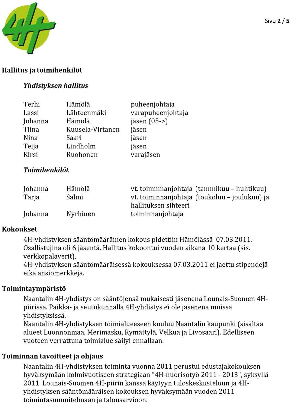 toiminnanjohtaja (toukoluu joulukuu) ja hallituksen sihteeri Johanna Nyrhinen toiminnanjohtaja Kokoukset 4H-yhdistyksen sääntömääräinen kokous pidettiin Hämölässä 07.03.2011.