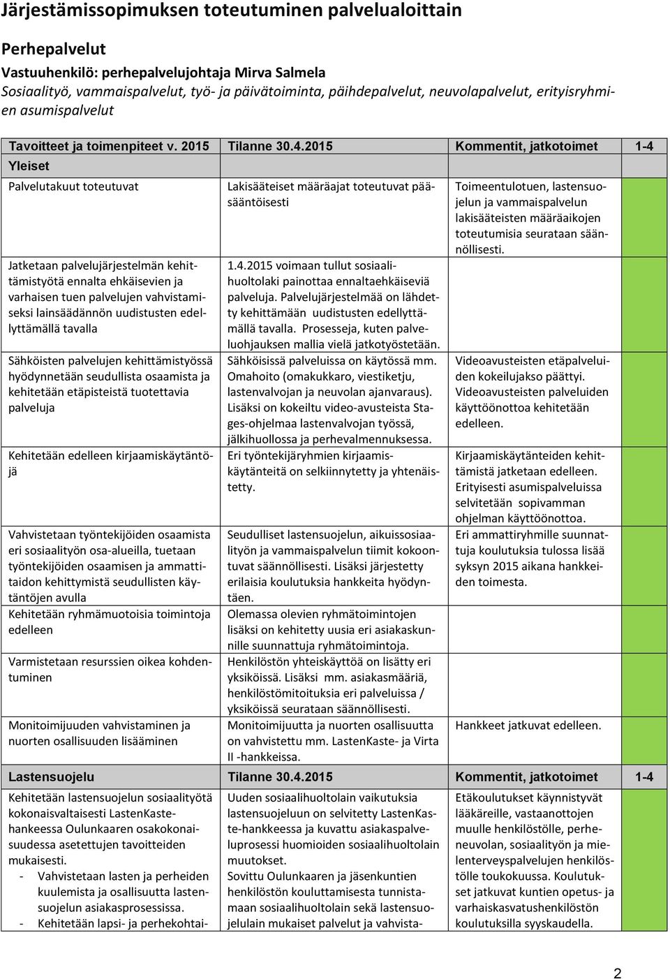 2015 Kommentit, jatkotoimet 1-4 Yleiset Palvelutakuut toteutuvat Jatketaan palvelujärjestelmän kehittämistyötä ennalta ehkäisevien ja varhaisen tuen palvelujen vahvistamiseksi lainsäädännön