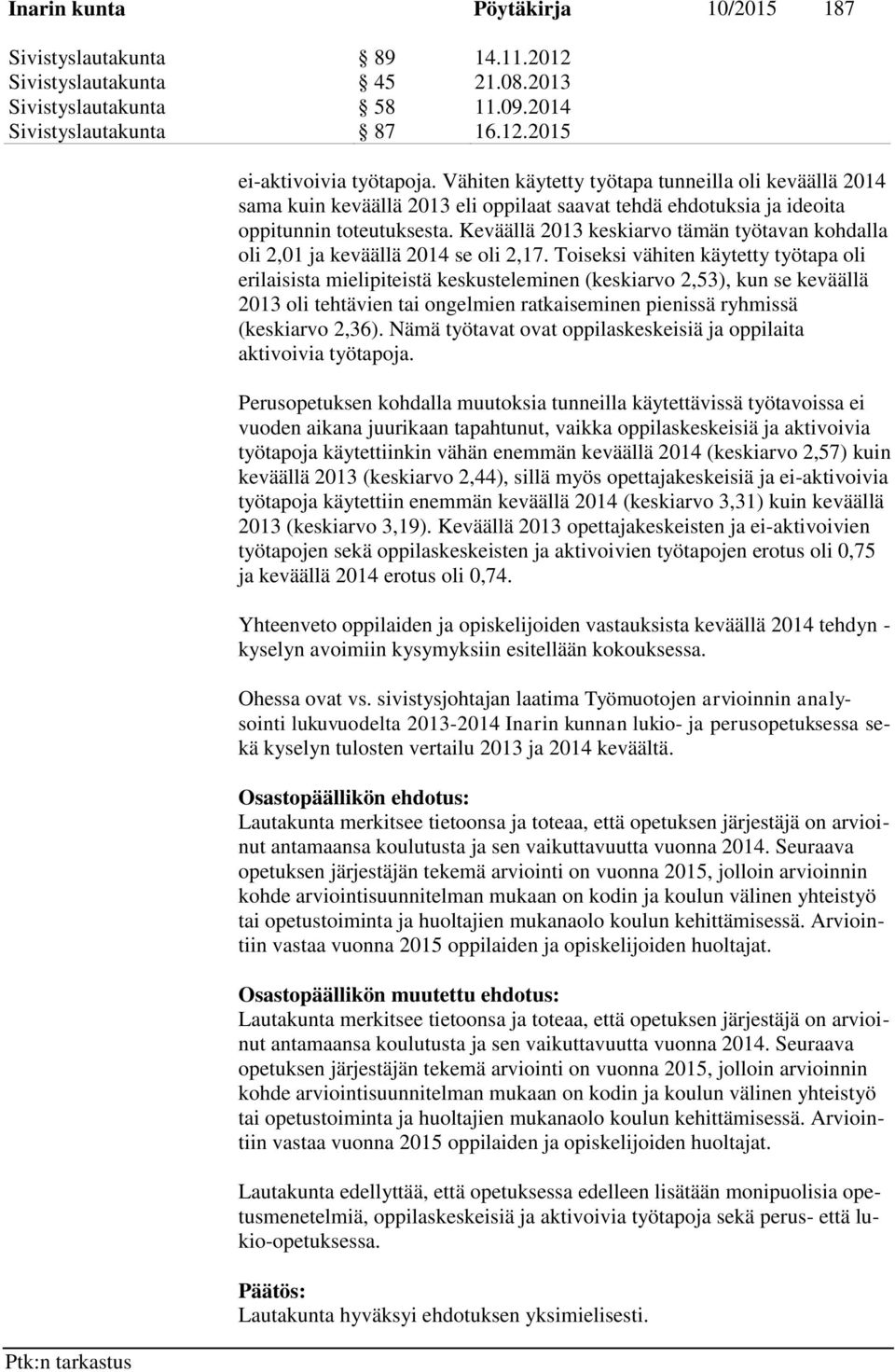 Keväällä 2013 keskiarvo tämän työtavan kohdalla oli 2,01 ja keväällä 2014 se oli 2,17.