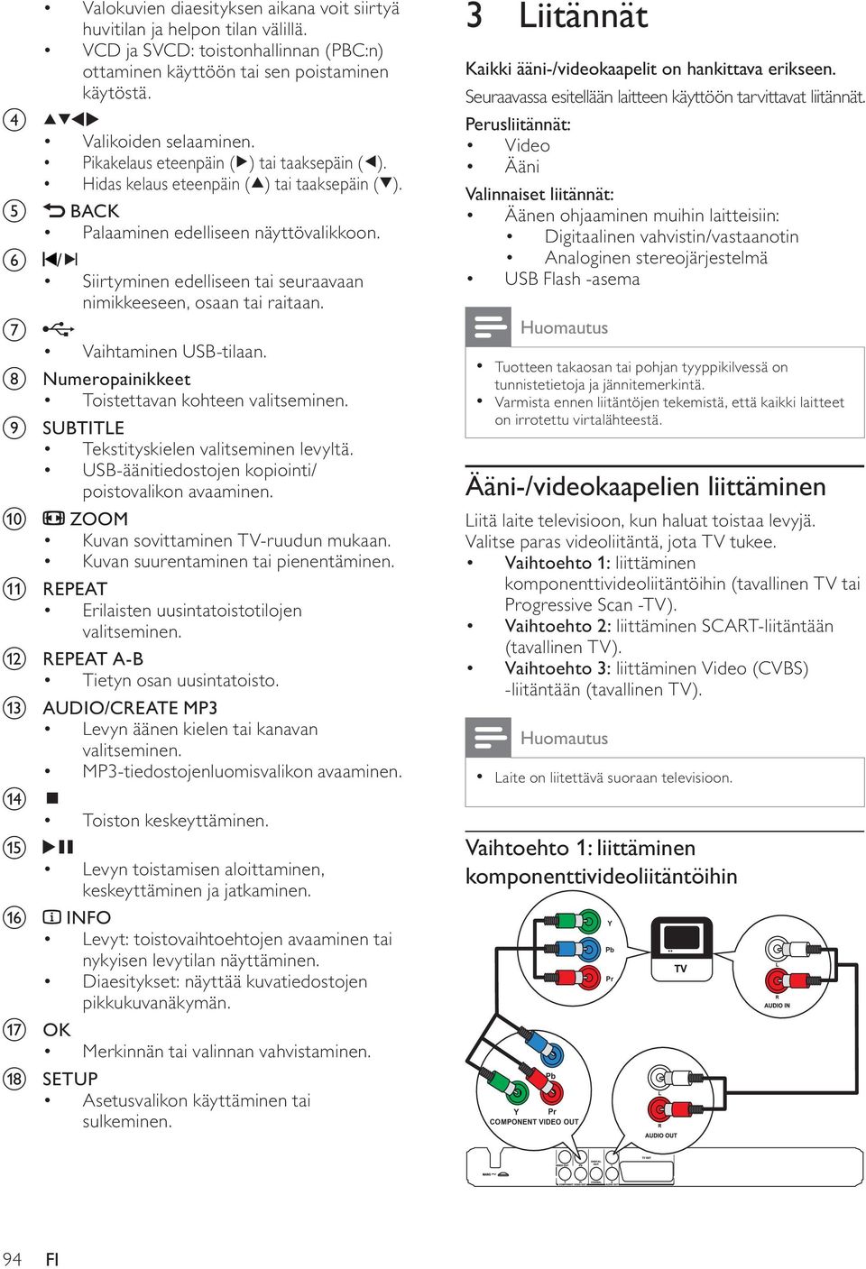 f / Siirtyminen edelliseen tai seuraavaan nimikkeeseen, osaan tai raitaan. g Vaihtaminen USB-tilaan. h Numeropainikkeet Toistettavan kohteen valitseminen.