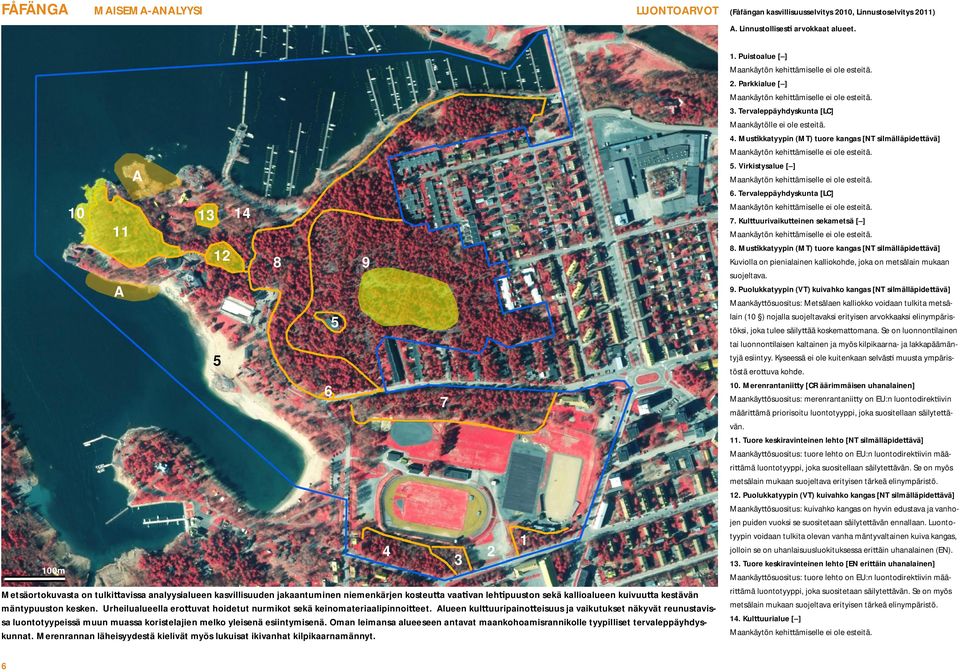 mäntypuuston kesken. Urheilualueella ero uvat hoidetut nurmikot sekä keinomateriaalipinnoi eet.