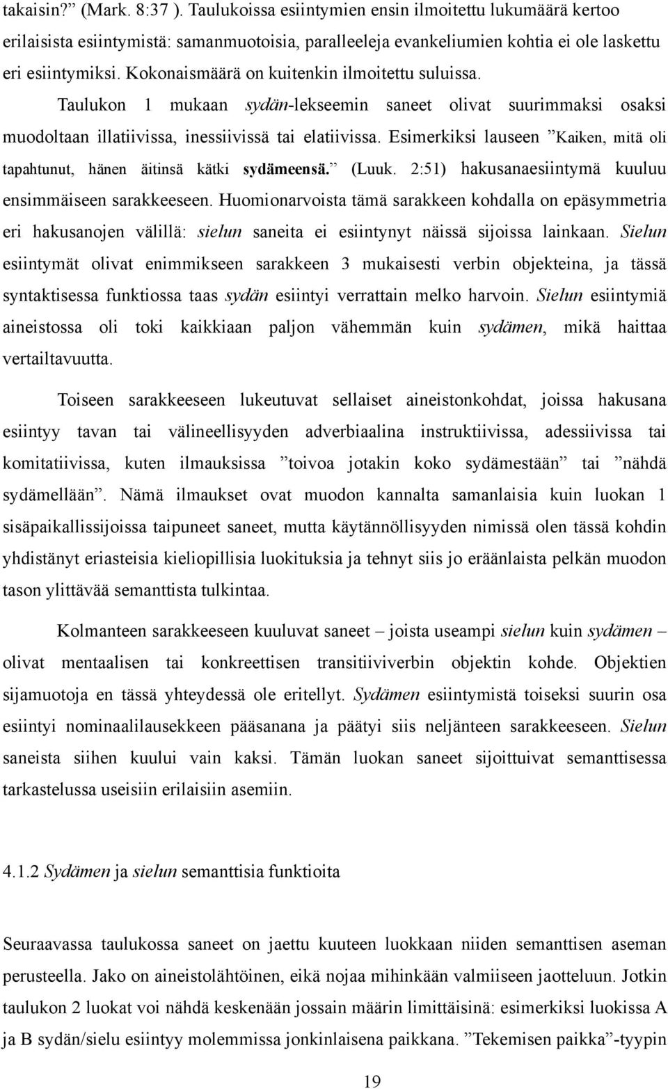 Esimerkiksi lauseen Kaiken, mitä oli tapahtunut, hänen äitinsä kätki sydämeensä. (Luuk. 2:51) hakusanaesiintymä kuuluu ensimmäiseen sarakkeeseen.