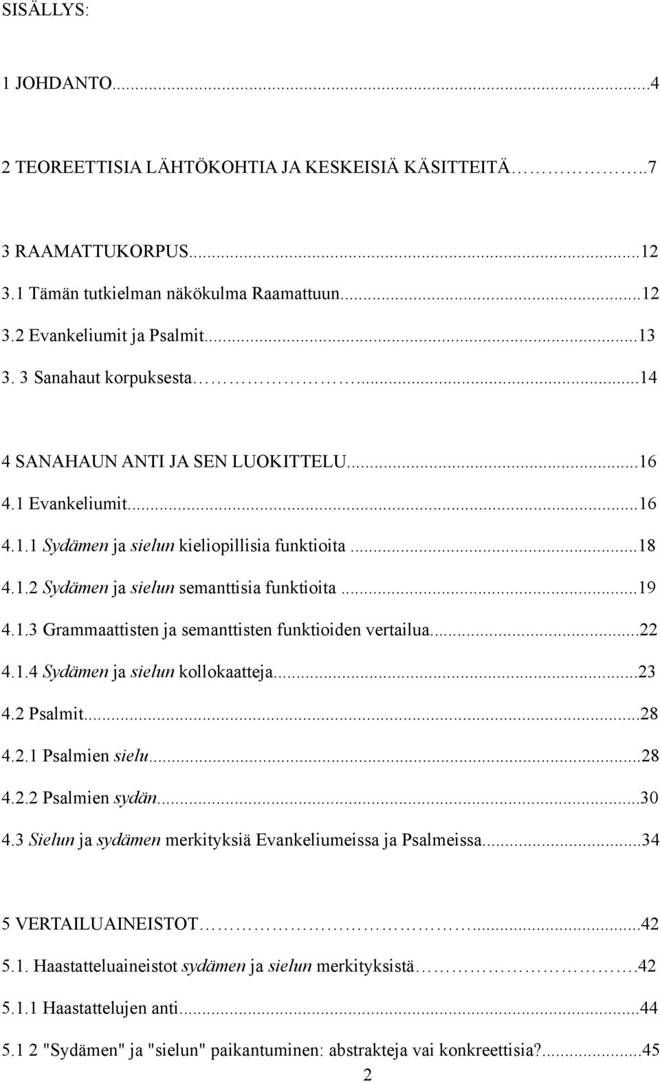 ..22 4.1.4 Sydämen ja sielun kollokaatteja...23 4.2 Psalmit...28 4.2.1 Psalmien sielu...28 4.2.2 Psalmien sydän...30 4.3 Sielun ja sydämen merkityksiä Evankeliumeissa ja Psalmeissa.