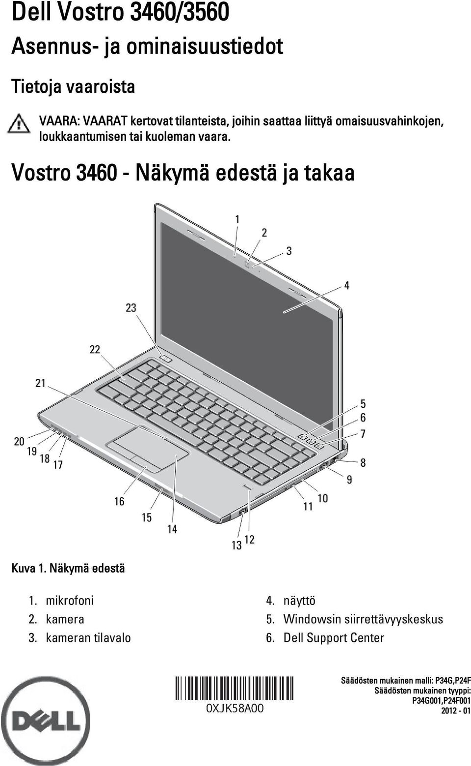 Vostro 3460 - Näkymä edestä ja takaa Kuva 1. Näkymä edestä 1. mikrofoni 2. kamera 3. kameran tilavalo 4.
