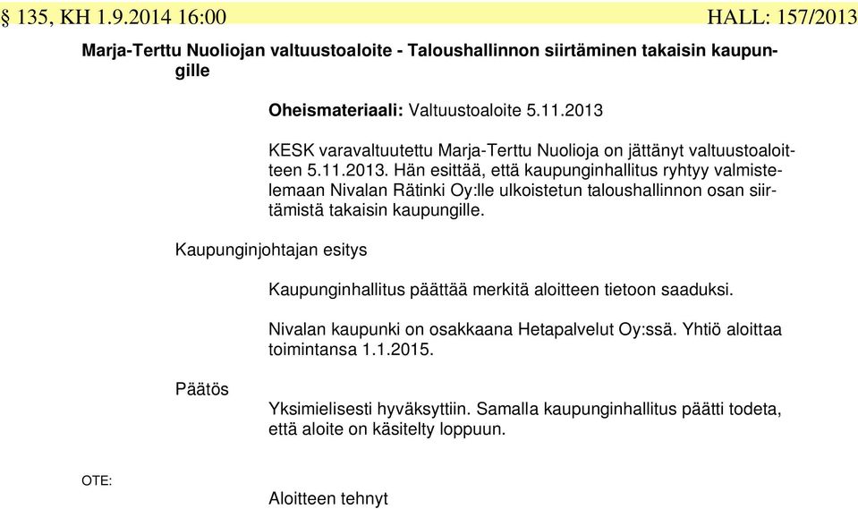 Kaupunginhallitus päättää merkitä aloitteen tietoon saaduksi. Nivalan kaupunki on osakkaana Hetapalvelut Oy:ssä. Yhtiö aloittaa toimintansa 1.1.2015.