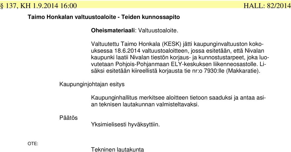 2014 valtuustoaloitteen, jossa esitetään, että Nivalan kaupunki laatii Nivalan tiestön korjaus- ja kunnostustarpeet, joka luovutetaan