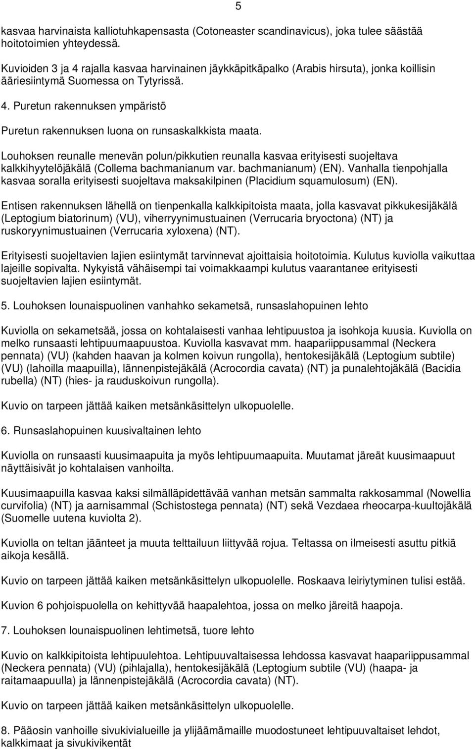 Louhoksen reunalle menevän polun/pikkutien reunalla kasvaa erityisesti suojeltava kalkkihyytelöjäkälä (Collema bachmanianum var. bachmanianum) (EN).